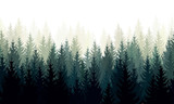 Vector landscape with green silhouettes of coniferous trees in the mist
