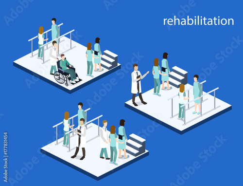 Isometric 3D vector illustration physical rehabilitation after fracture