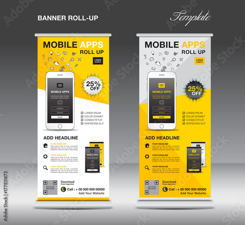 MOBILE APPS Roll up banner template, stand layout, yellow banner, application presentation, infographics, advertisement, flyer, x-banner, j-flag, poster, advertisement, print media advertising