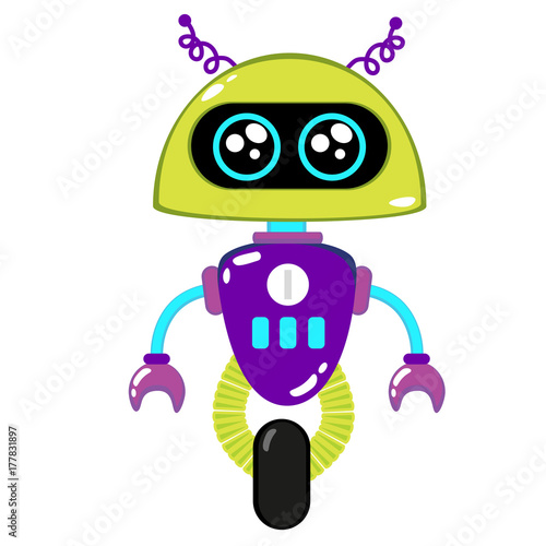 A cute robot, on wheels, with claws, big beautiful eyes. On the robot body there are buttons, wires, antennas. Creative vector robot background. Funny wallpaper for textile and fabric.