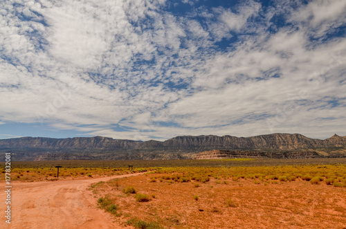 dirt road in the desert with Straight Cliffs slopes in the back  Hole in the Rock Road  Escalante  Garfield County  Utah  USA