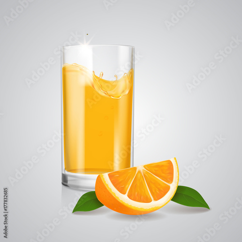 Orange fruit juice in realistic glass and orange slice