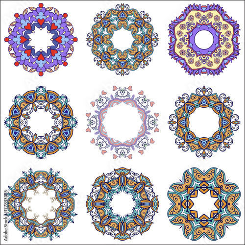 Set of colorful mandalas. Ornamental round floral pattern. Vector splendid mandala in blue