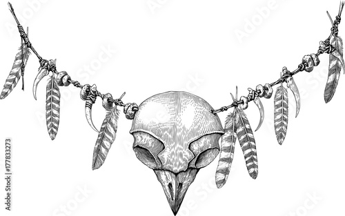 Black and white vector drawing with owl skull engraving style