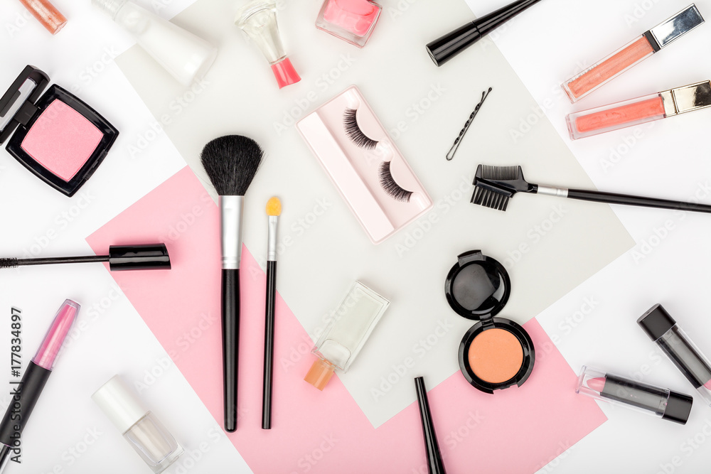 set of professional decorative cosmetics, makeup tools and accessory on white background. beauty, fashion, party and shopping concept. trendy flat lay composition, top view set of professional decorative cosmetics, makeup tools and accessory on white background. beauty, fashion, party and shopping concept. trendy flat lay composition, top view