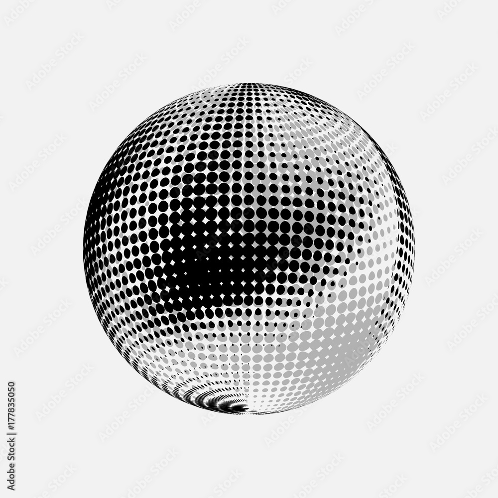 Abstract globe dotted sphere, 3d halftone effect vector background. Black and white vector illustration.