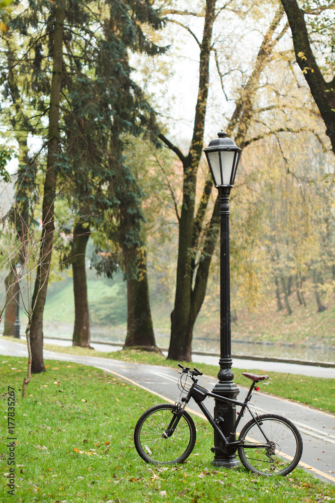 Naklejka premium Bicycle in colorful autumn park. Fall season background