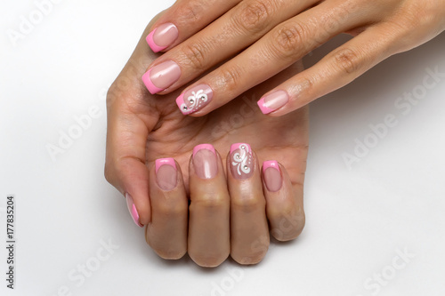 French pink manicure with crystals and monograms on nameless nails on short square nails 