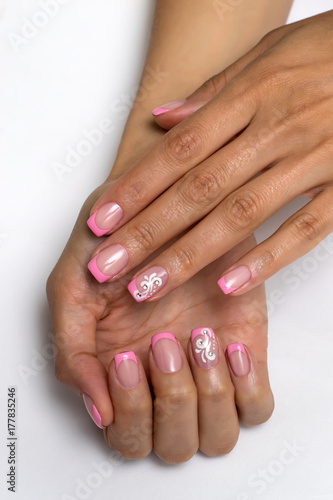 French pink manicure with crystals and monograms on nameless nails on short square nails 