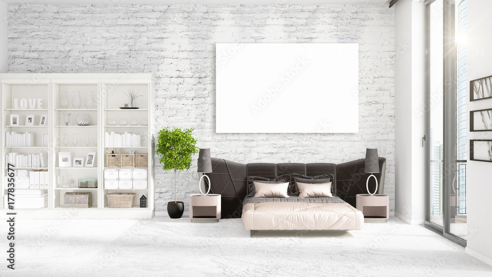 Fototapeta premium Fashionable modern loft interior with empty frame and copyspace in horizontal arrangement. 3D rendering.