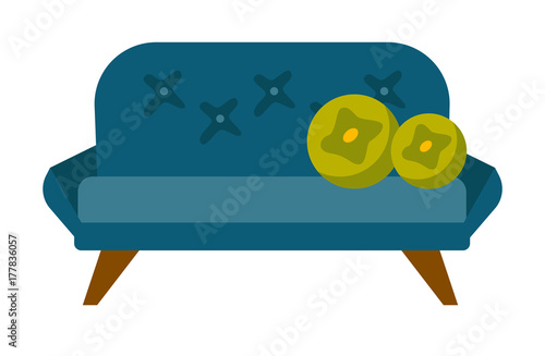Blue soft sofa with pillows vector cartoon illustration isolated on white background. Piece of furniture for home and office.