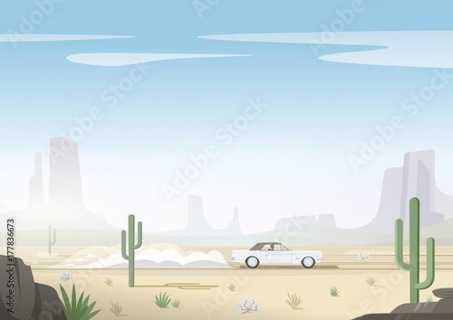 Man driving car on off road. Retro style poster. Vector illustration.