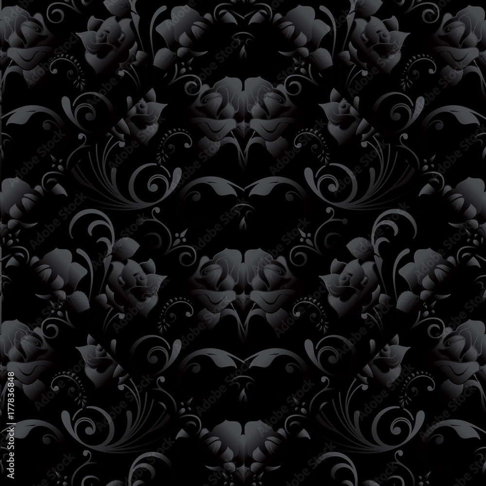 Black roses seamless pattern. Vector dark black floral background