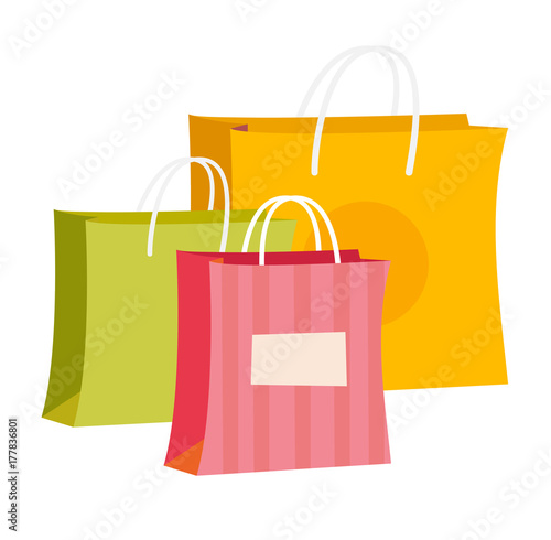 Group of empty colour paper shopping bags vector cartoon illustration isolated on white background.