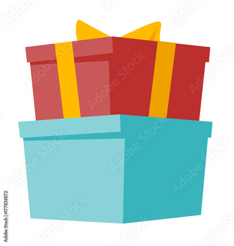 Two stacked square gift boxes with ribbon and bow vector cartoon illustration isolated on white background