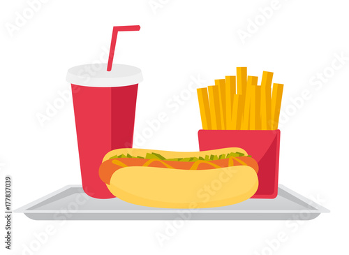 Tray with fast food consisting of hot dog, soda and french fries vector cartoon illustration isolated on white background.