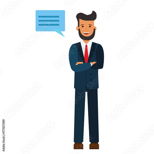 standing businessman with cross arms cartoon flat illustration concept on isolated vector white background