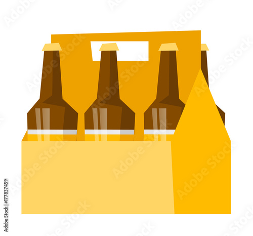Cardboard six-pack with bottles of beer vector cartoon illustration isolated on white background.