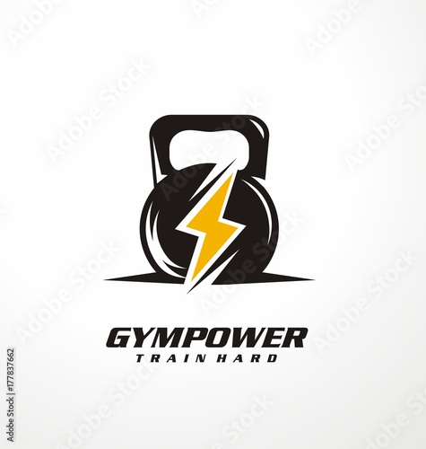 Gym power logo design idea with kettle bell and thunder symbol in negative space