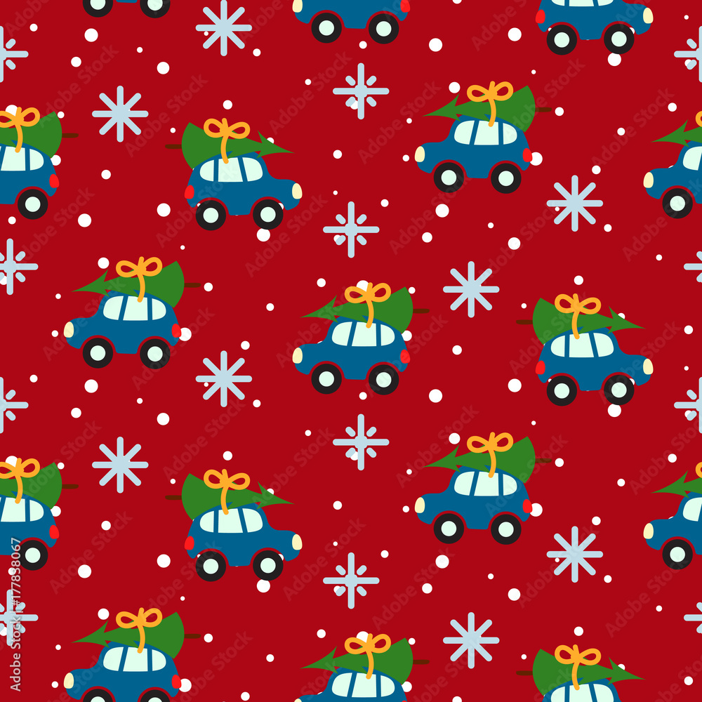 Winter tree on car roof red seamless vector pattern for gift wrap, fabric print and apparel design. Holiday celebration preparation.