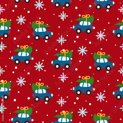 Winter tree on car roof red seamless vector pattern for gift wrap, fabric print and apparel design. Holiday celebration preparation.