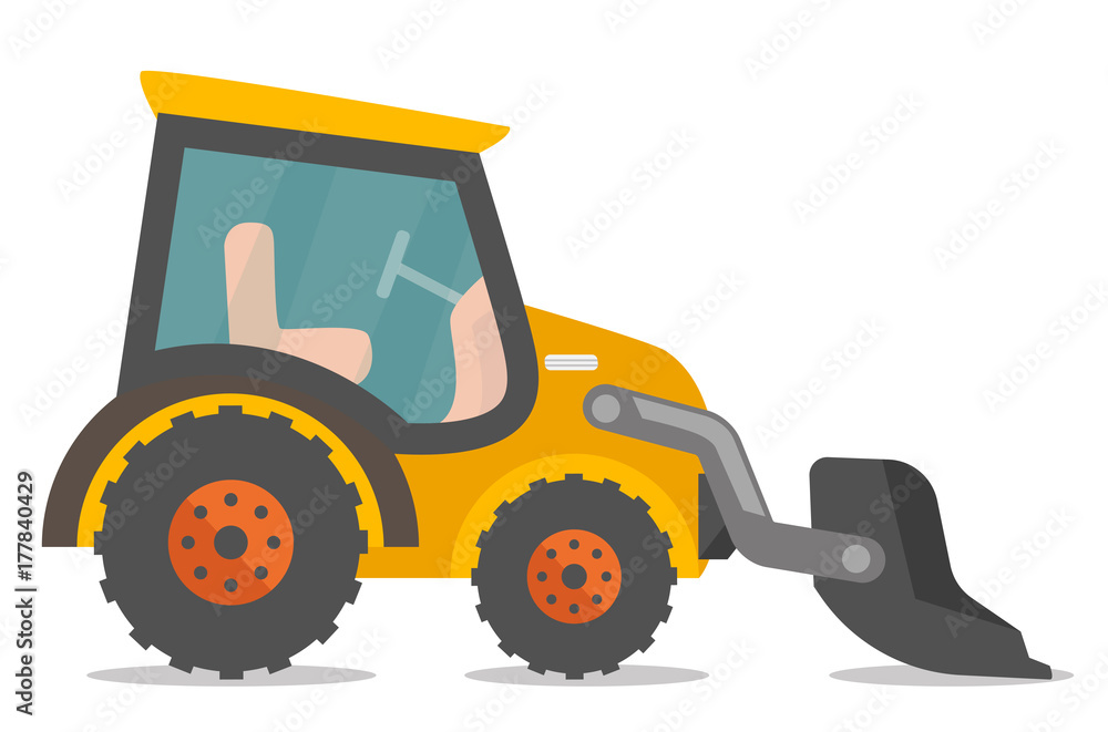 Wheeled loader excavator with a steel scoop. Construction machinery equipment. Vector cartoon illustration isolated on white background.