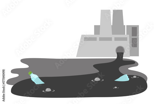 Oil refinery plant with chimneys and wastewater pipe. Industrial water pollution concept. vector cartoon illustration isolated on white background.