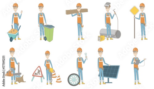 Young caucasian builder set. Builder pushing a wheelbarrow, carpenter holding saw, welder working on a gas welding machine. Set of vector sketch cartoon illustrations isolated on white background.