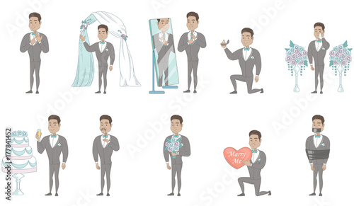 Young hispanic groom set. Groom looking in the mirror, showing a ring on finger, holding a bouquet, standing under wedding arch. Set of vector sketch cartoon illustrations isolated on white background