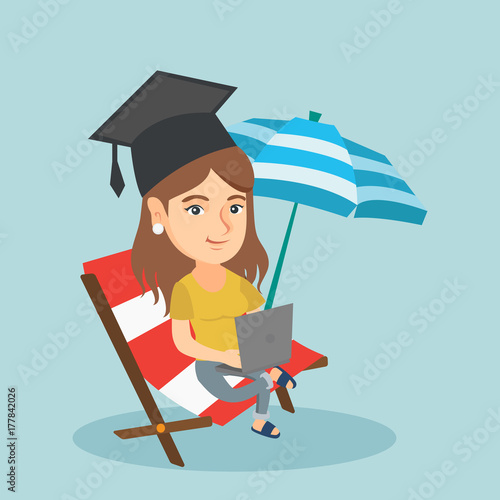 Caucasian graduate lying in chaise longue under beach umbrella. Young graduate in graduation cap working on a laptop on the beach. Online education concept. Vector cartoon illustration. Square layout.