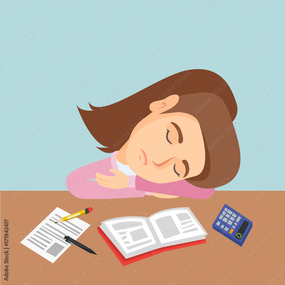 Fatigued caucasian student sleeping on the desk with book, stationery and calculator. Young student sleeping after learning on the table. Education concept. Vector cartoon illustration. Square layout. Fatigued caucasian student sleeping on the desk with book, stationery and calculator. Young student sleeping after learning on the table. Education concept. Vector cartoon illustration. Square layout.