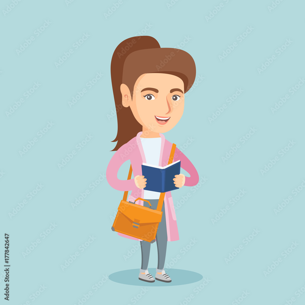Young caucasian smiling student reading a book. Full length of cheerful female student with briefcase holding a book in hands. Concept of education. Vector cartoon illustration. Square layout.
