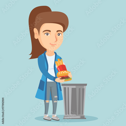 Caucasian woman putting junk food into a trash can. Smiling woman refusing to eat junk food. Young woman rejecting junk food. Woman throwing out junk food. Vector cartoon illustration. Square layout.