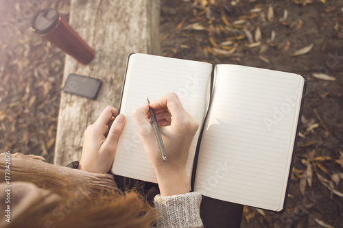 Quadro em tela Girl write to the note in the autumn park