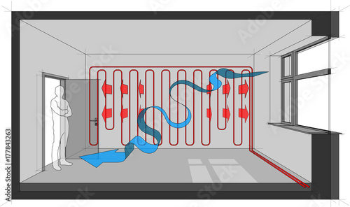 Diagram of wall heated room with natural air ventilation arrow