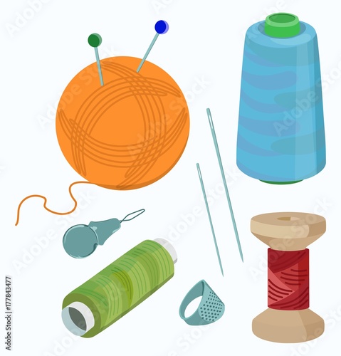 Set of thread reels and sewing accessories. Vector illustration.