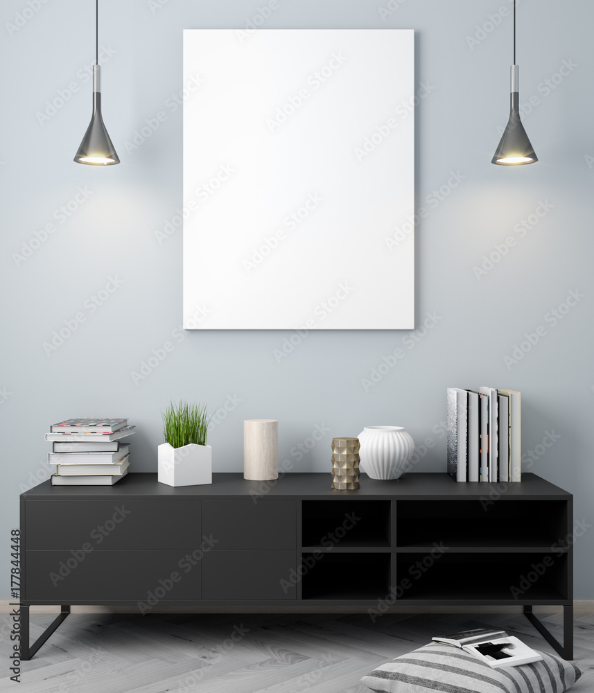 Mockup Poster in the interior, 3D illustration of a modern design Mockup Poster in the interior, 3D illustration of a modern design