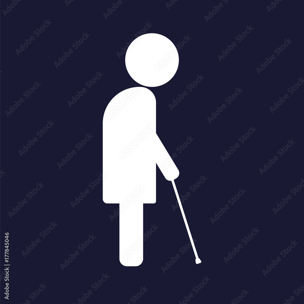 Vector image of an elderly man. The old man walks with a cane. Vector white icon on dark blue background. Vector image of an elderly man. The old man walks with a cane. Vector white icon on dark blue background.