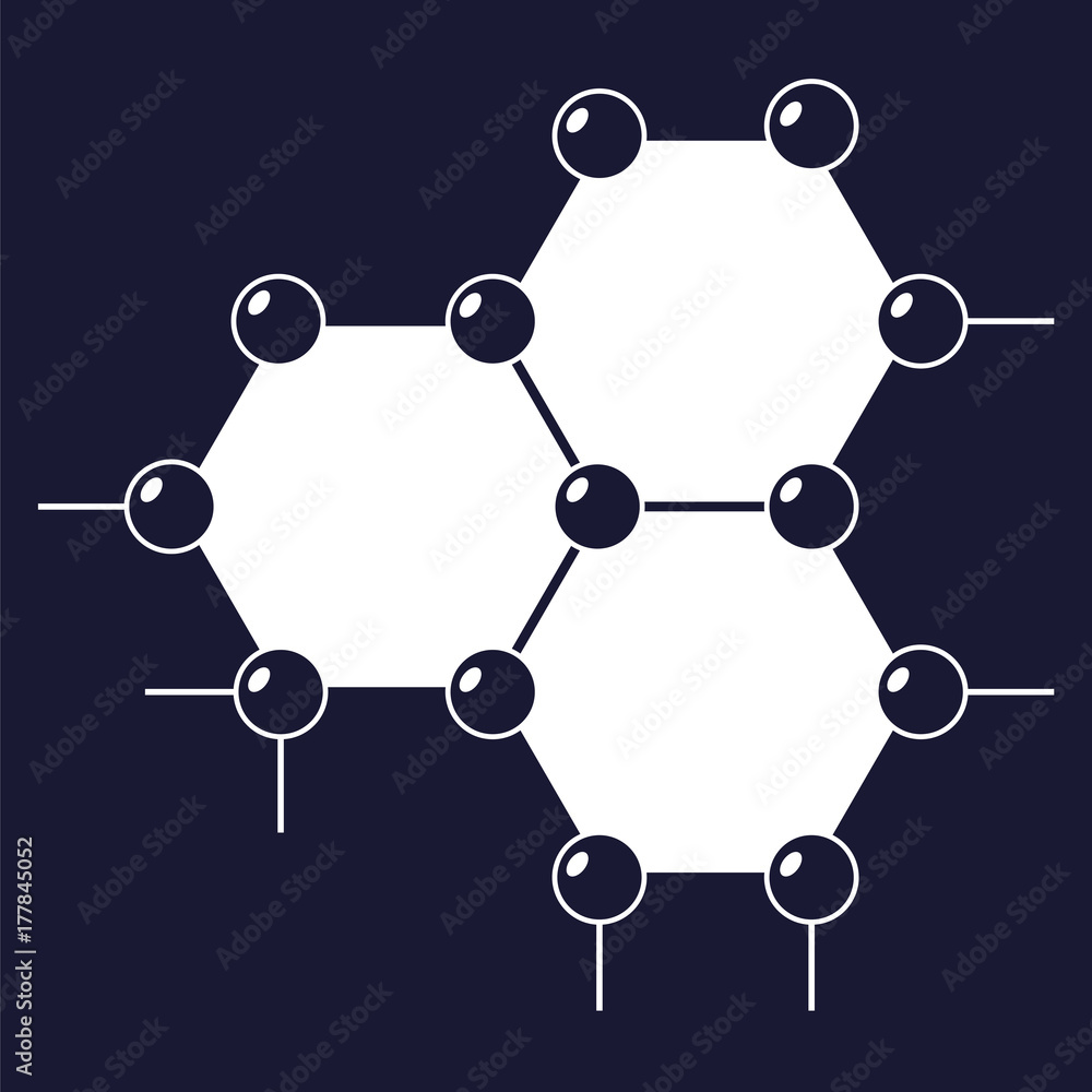 Vector image of a molecule. Icon of molecular research in chemistry and medicine. Vector white icon on dark blue background. Vector image of a molecule. Icon of molecular research in chemistry and medicine. Vector white icon on dark blue background.