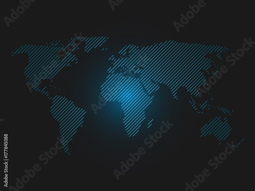 Striped world map. Blue led light futuristic design on dark background. Vector illustration.