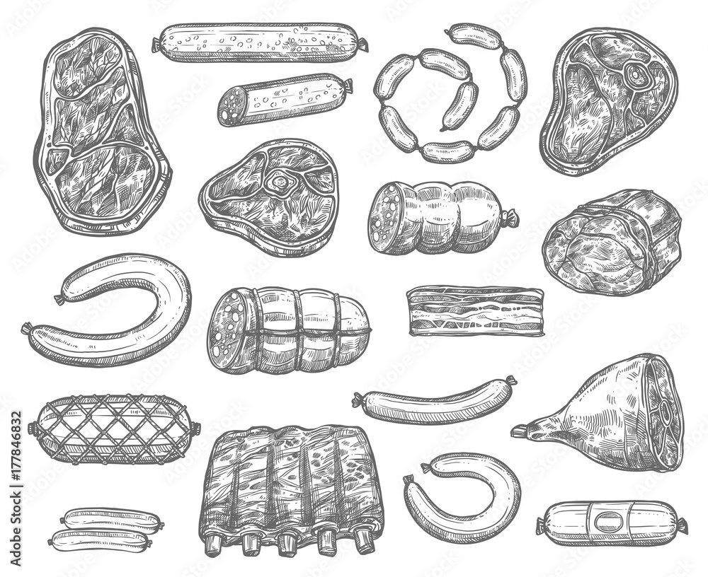 Vector sketch icons of meat products and sausages Vector sketch icons of meat products and sausages