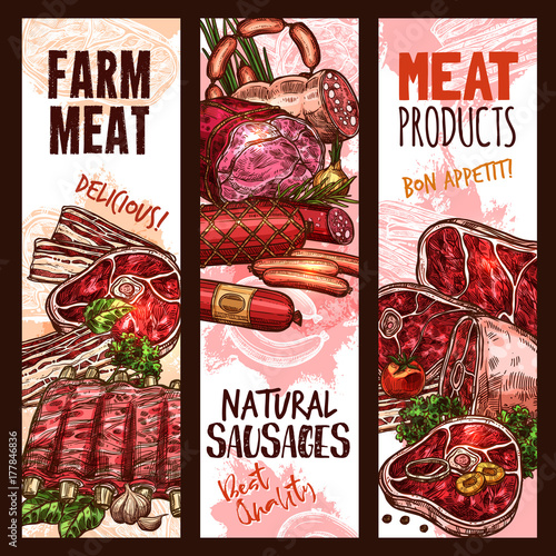 Vector banner sketch butchery shop meat product