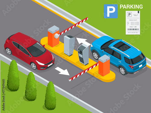 Isometric Parking payment station, access control concept. Parking ticket machines and barrier gate arm operators are installed at the entrance and exit of parking area as tools to charge parking fee.