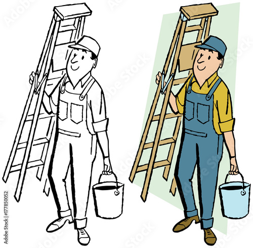 A painter carrying a ladder and a bucket of paint.
