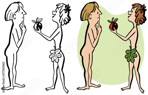 Eve tempts Adam with the forbidden fruit in the Garden of Eden.