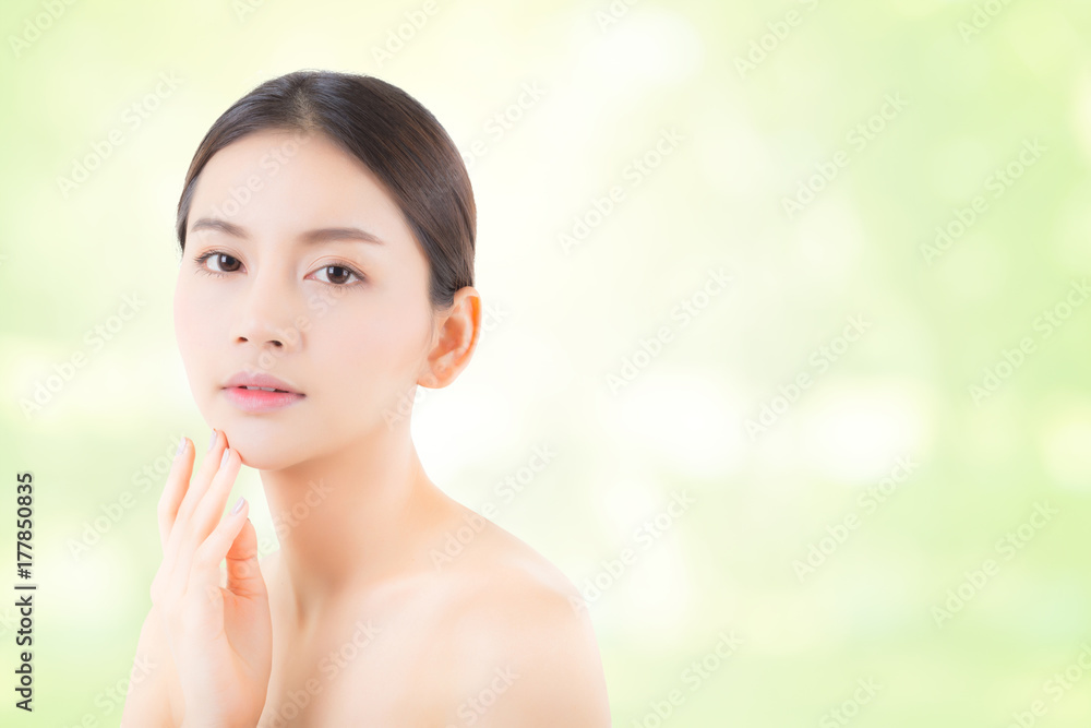 Portrait of beautiful asian woman makeup of cosmetic - girl hand touch mouth or lip and relax on attractive face with skin healthcare concept on green nature background. Portrait of beautiful asian woman makeup of cosmetic - girl hand touch mouth or lip and relax on attractive face with skin healthcare concept on green nature background.