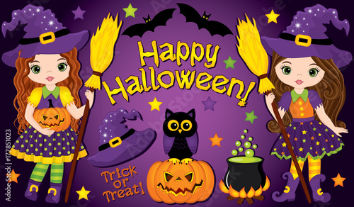 Vector Set with Cute Little Witches and Halloween Elements