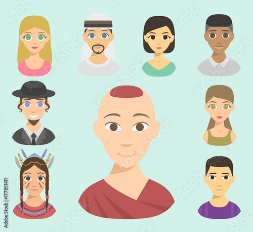 Cool avatars different nations people portraits ethnicity different skin tones ethnic affiliation and hair styles vector illustration.