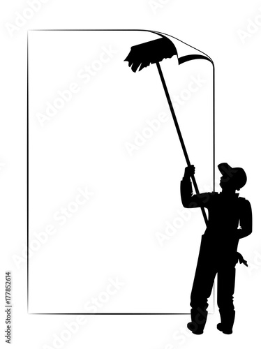 Blank Text Space. Vector Illustration Of A Worker Silhouette Hanging A Poster On A Wall With His Brush As Blank Text Space.