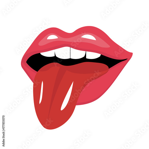 Lips with tongue icon flat style. Red open mouth with tongue sticking out. Isolated on white background. Retro, pin-up. Vector illustration